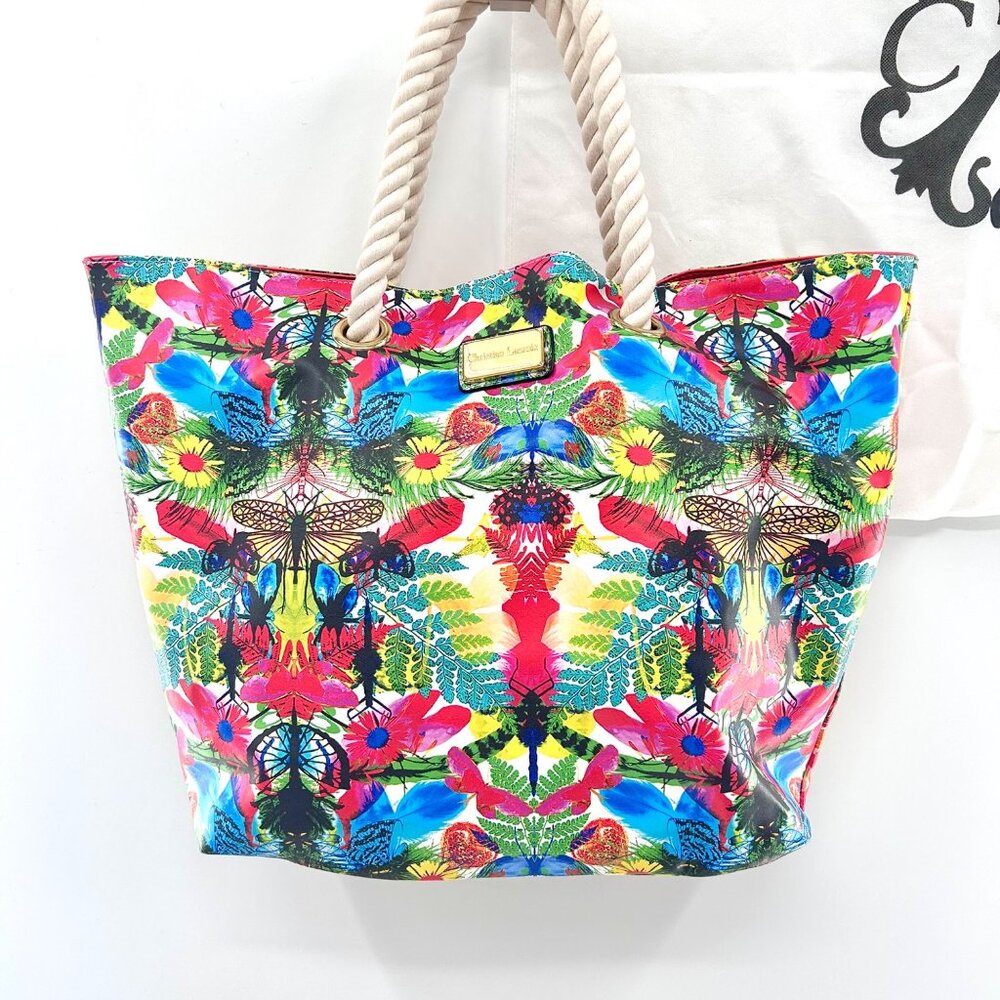 CHRISTIAN LACROIX REVERSIBLE PINK FLORAL DRAGONFLY TOTE W/ DUST BAG - Picture 3 of 11